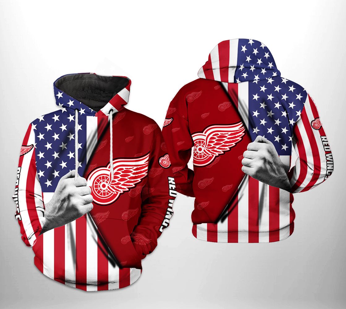 Detroit Red Wings Us Flag 3D Zip Hoodie - Official Nhl Merchandise