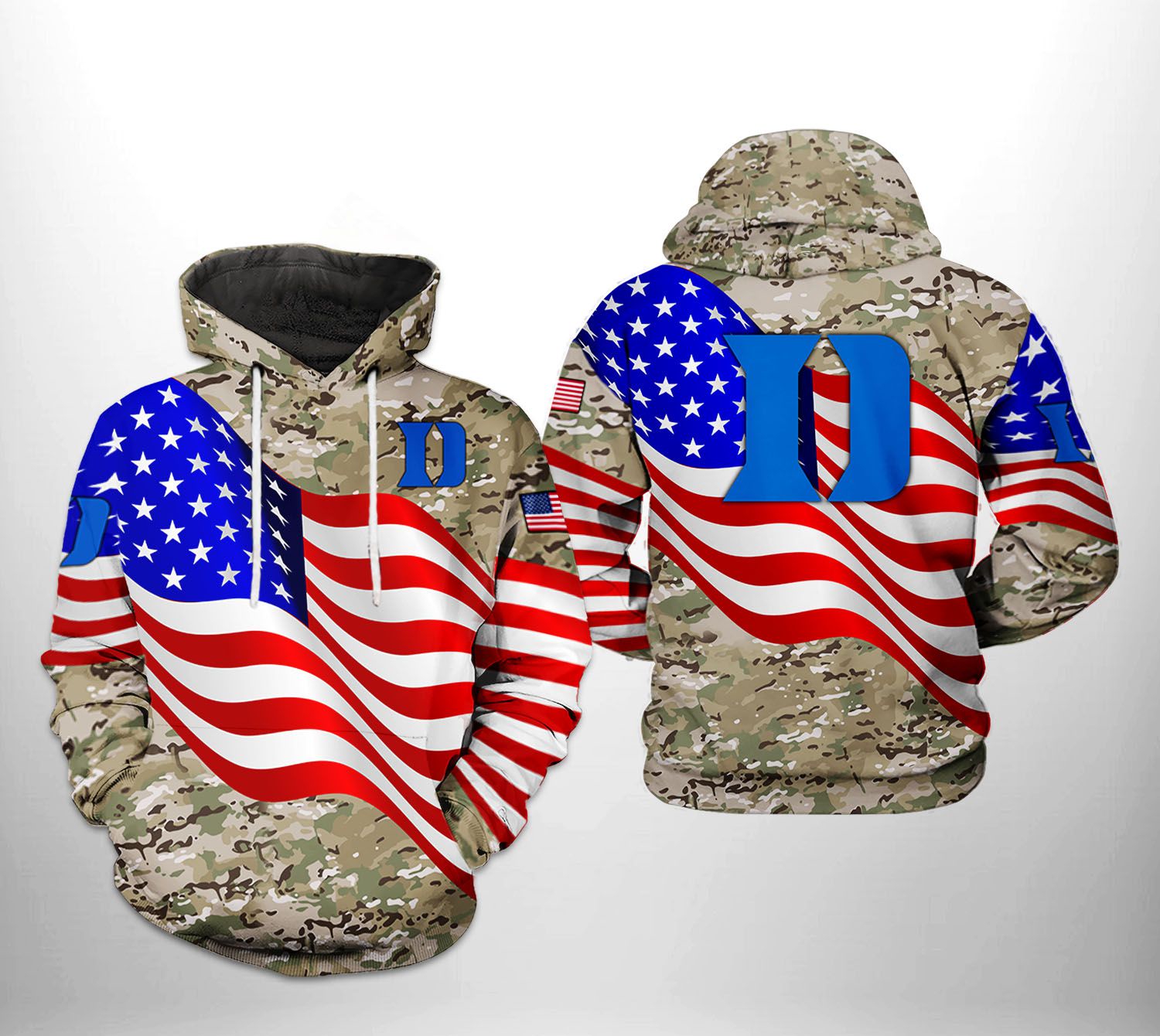 Duke Blue Devils Ncaa Us Flag Camo Veteran 3D All Over Print Hoodie - Support Our Troops!
