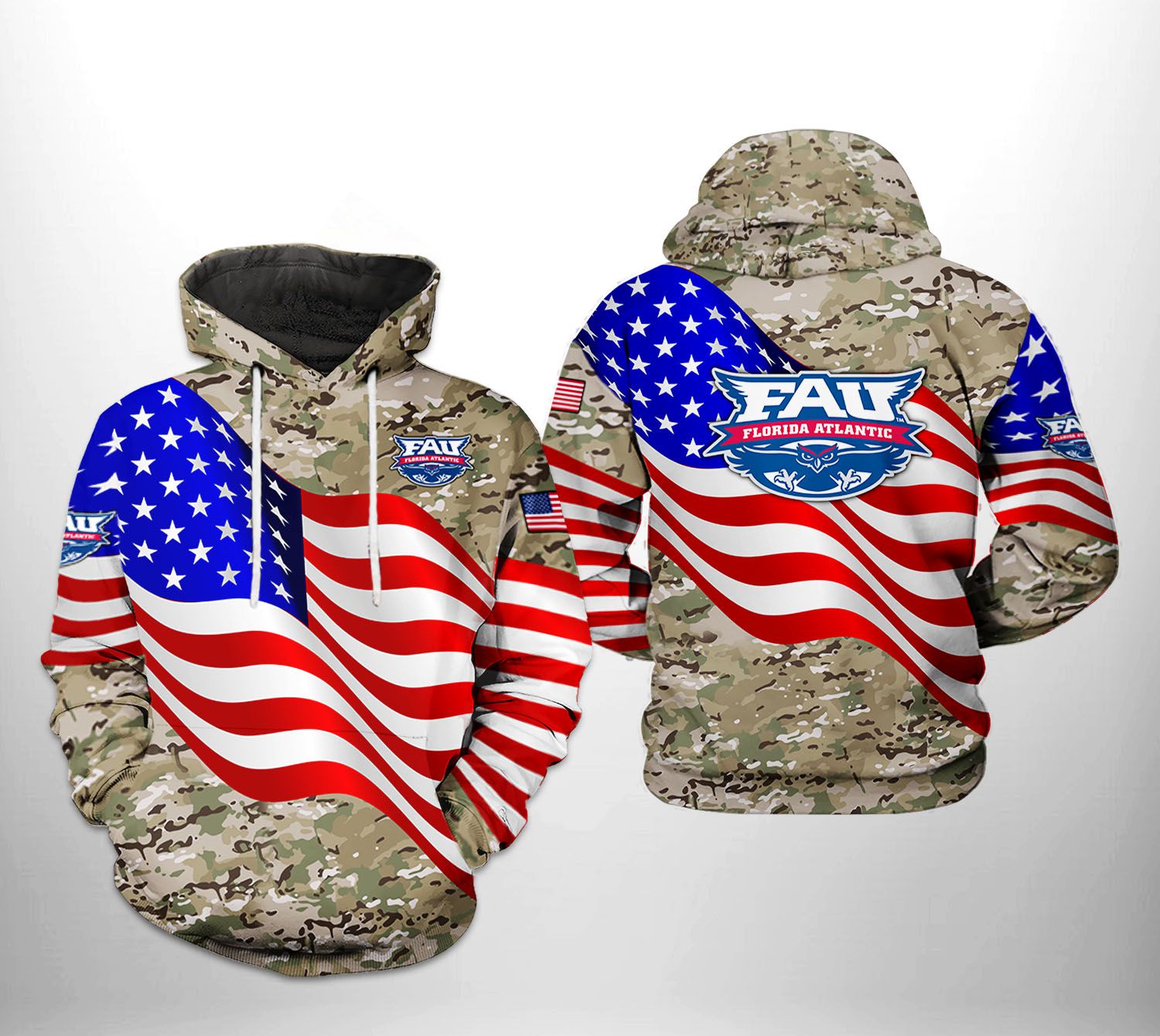 Florida Atlantic Owls Ncaa Us Flag Camo Veteran 3D All Over Print Zip-Up Hoodie - 3D Print Hoodies