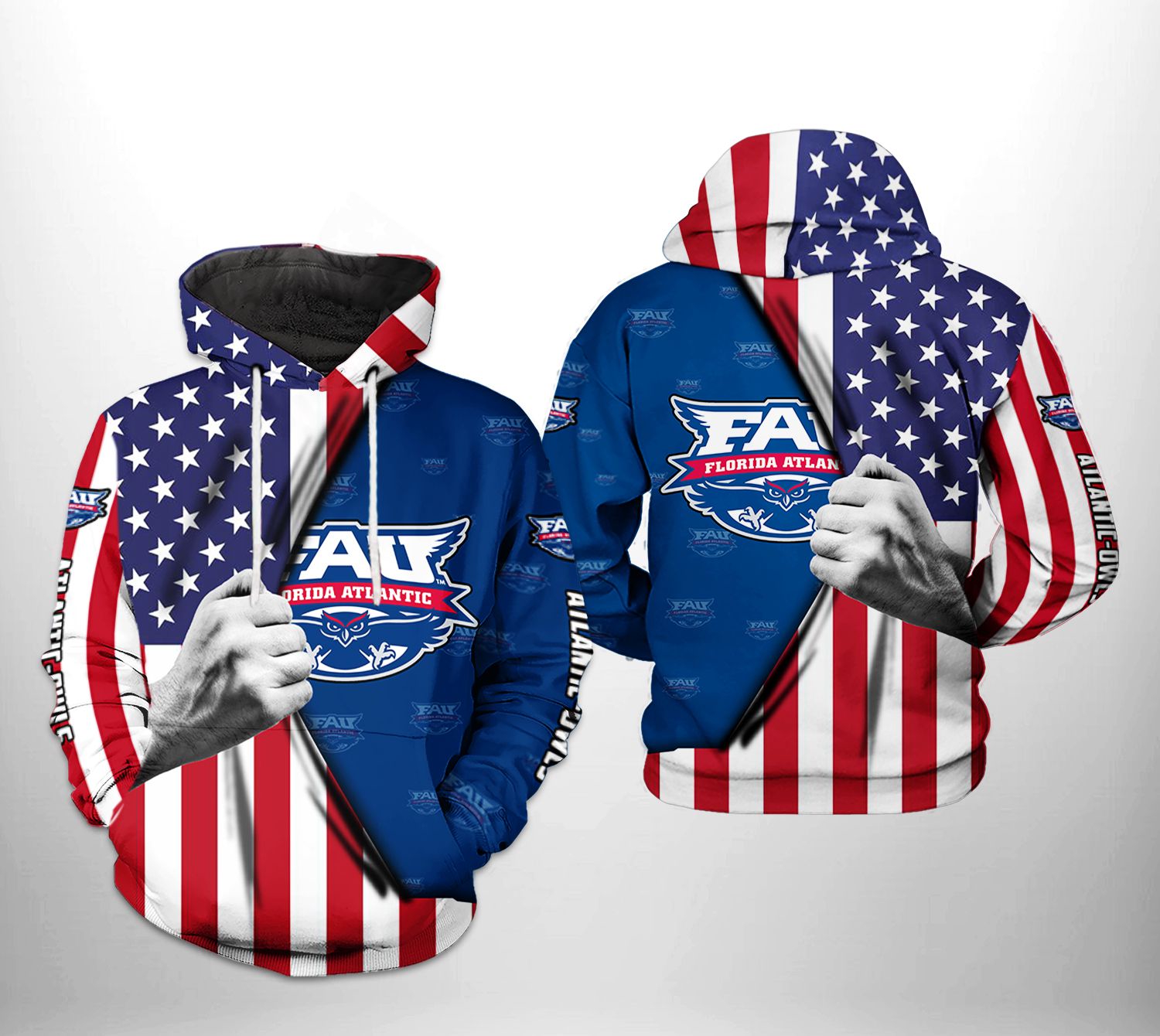Florida Atlantic Owls Us Flag All Over Print 3D Hoodie Custom