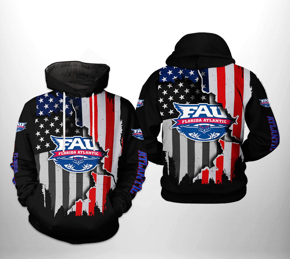 Florida Atlantic Owls Us Flag All Over Print 3D Hoodie With Zipper
