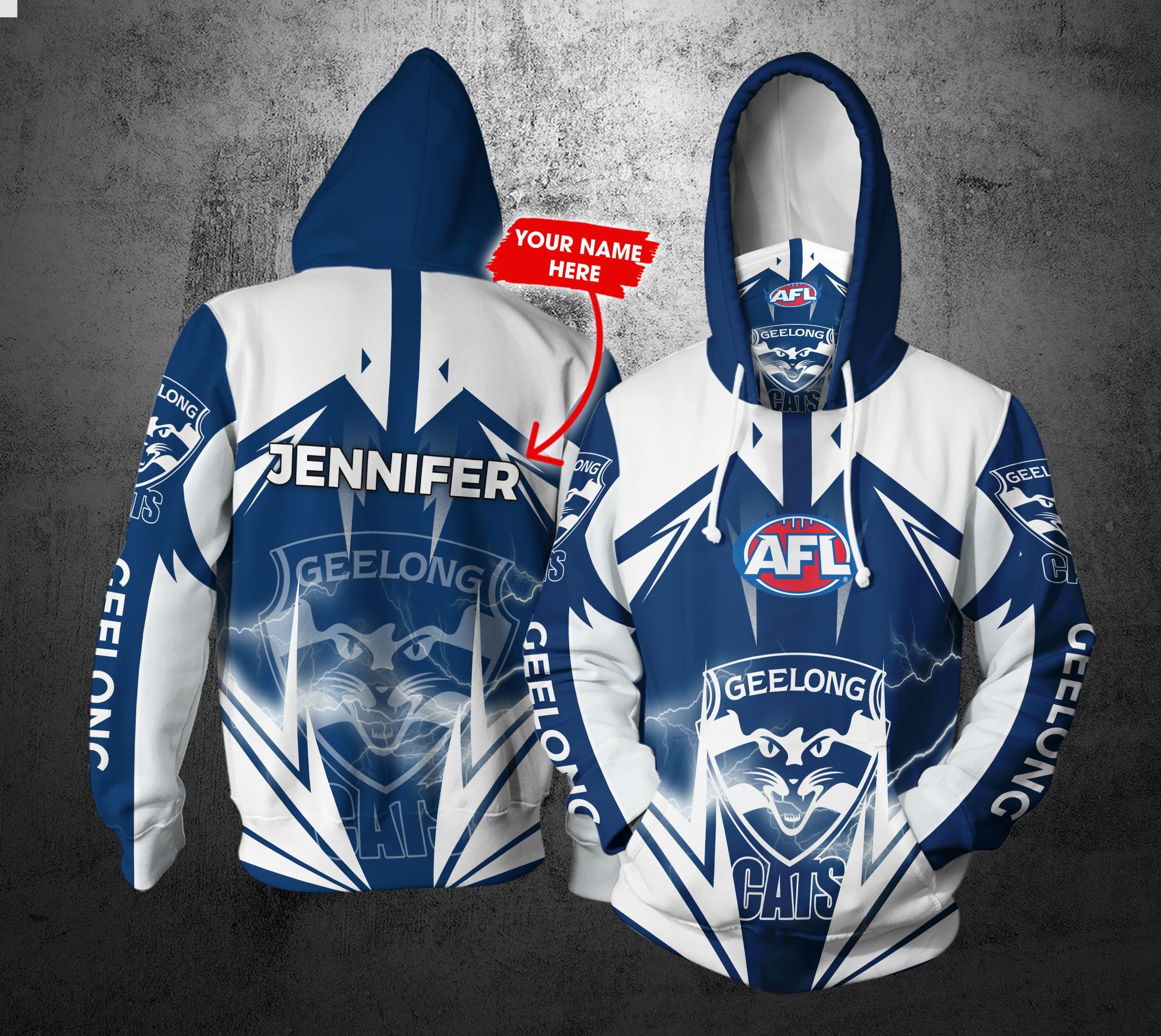 Geelong Football Club Lightning Hoodie Without Gaiter 3D All Over Printed Hoodie With Custom Name Option