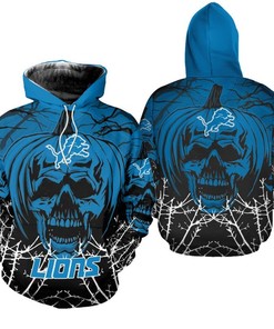 Halloween Detroit Lions All Over Print Zip Up Hoodie - Pumpkin Skull Design