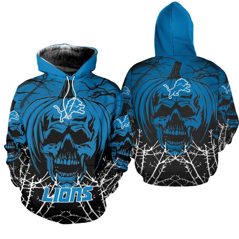 Halloween Detroit Lions Zip Up Hoodie - Skull And Pumpkin Design