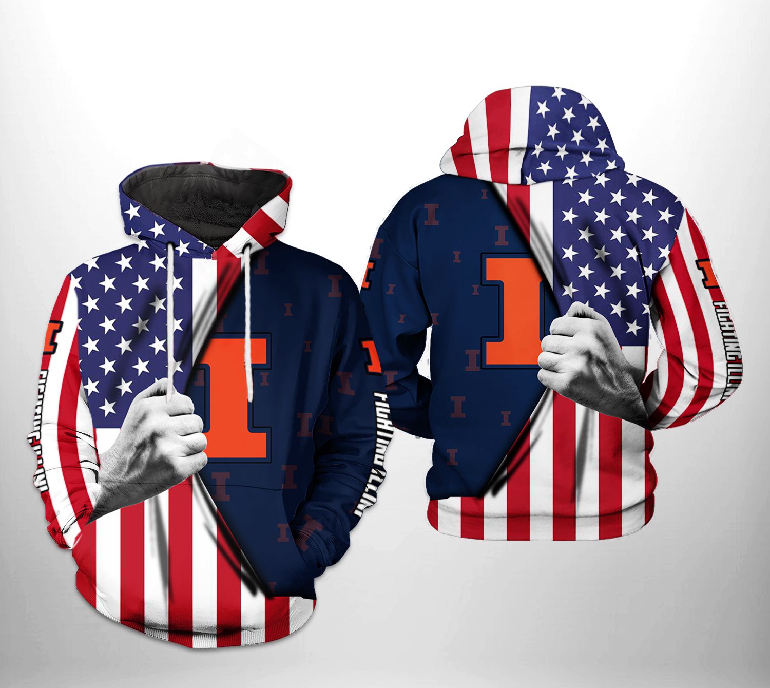 Illinois Fighting Illini 3D Us Flag Zip-Up Hoodie With All Over Print