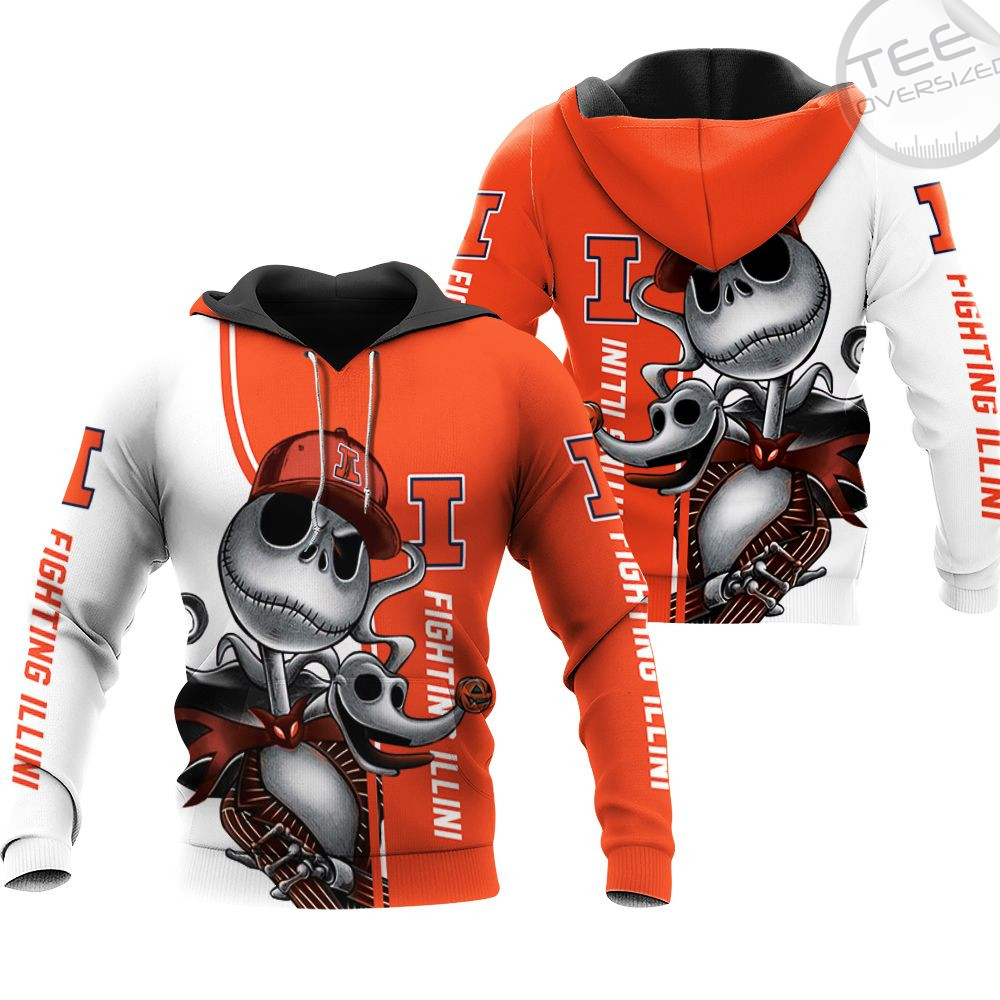 Illinois Fighting Illini Jack Skellington And Zero 3D Hoodie