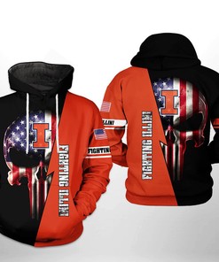 Illinois Fighting Illini Us Flag Skull Printed Hoodie
