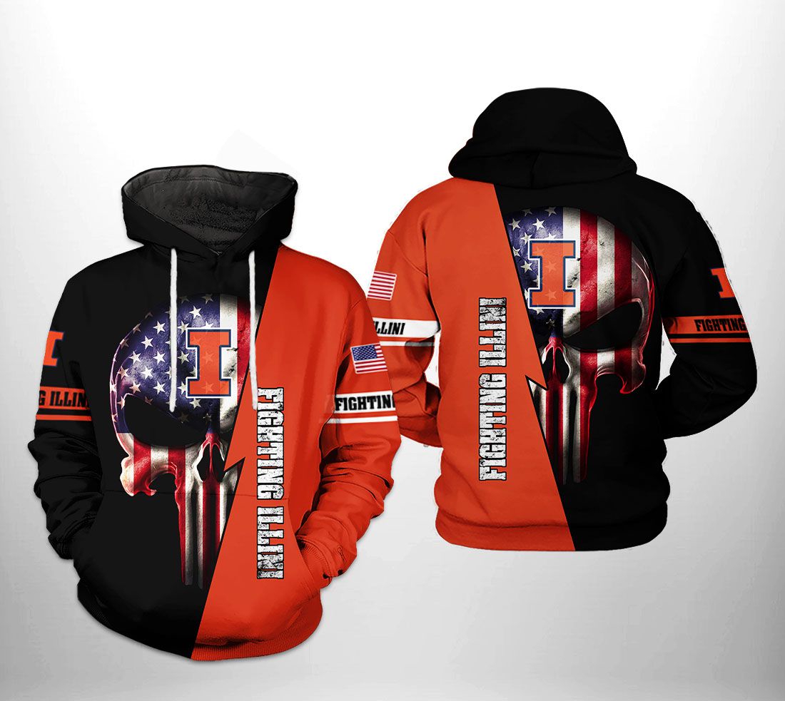 Illinois Fighting Illini Us Flag Skull Printed Hoodie