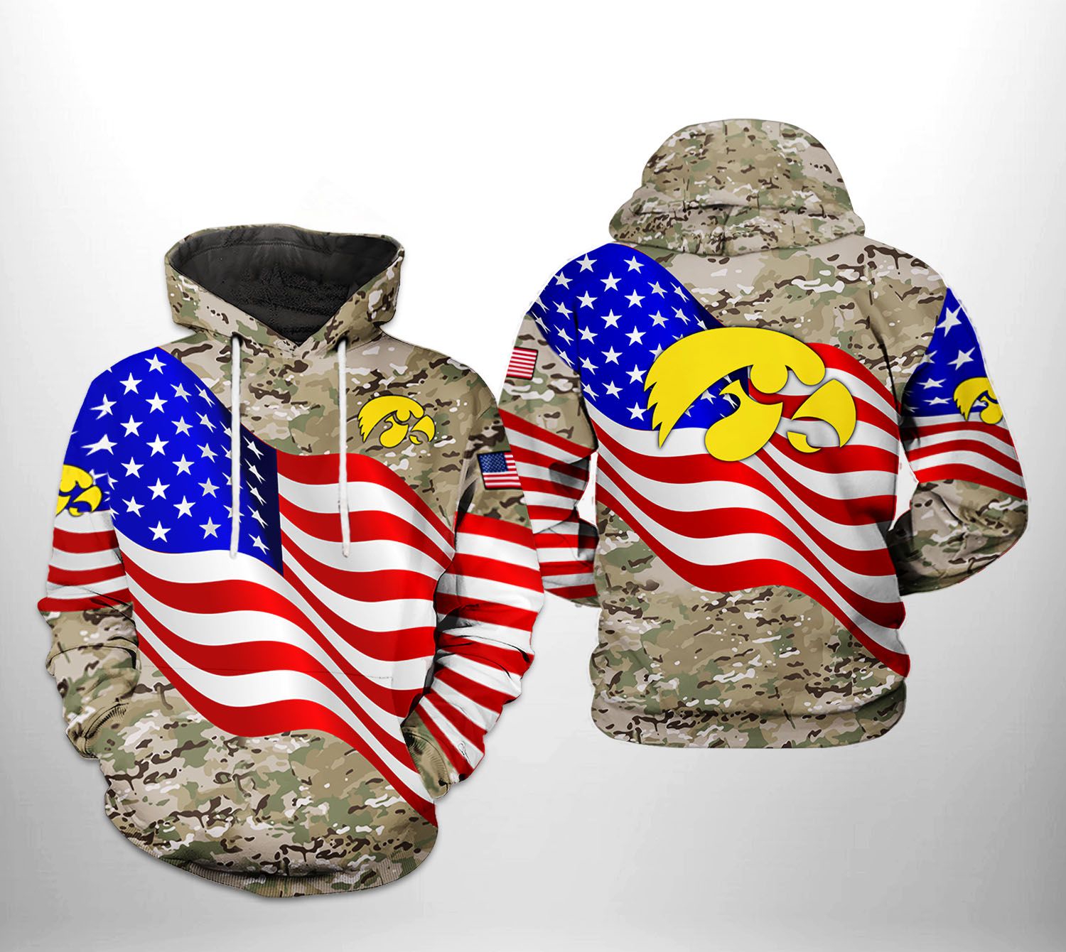 Iowa Hawkeyes Us Flag Camo Veteran 3D All Over Print Hoodie With Zip-Up