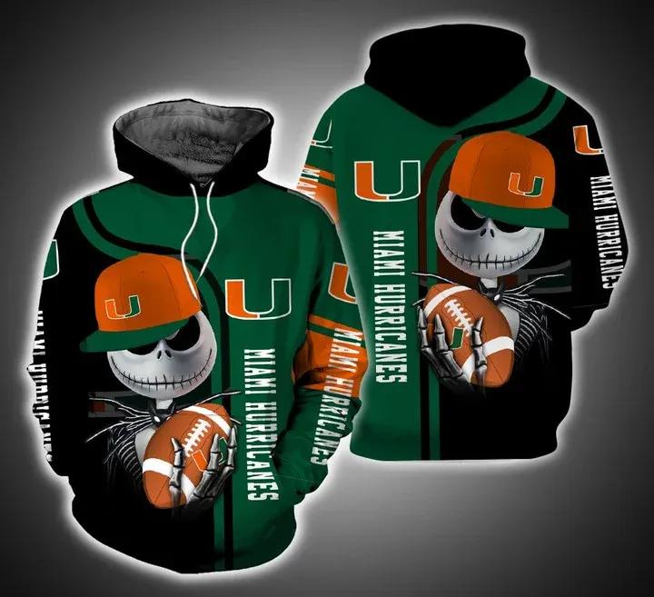 Jack Skellington Hold Ball Miami Hurricanes Mens 3D All Over Print Zip Up Hoodie Gifts For Ncaa Fans