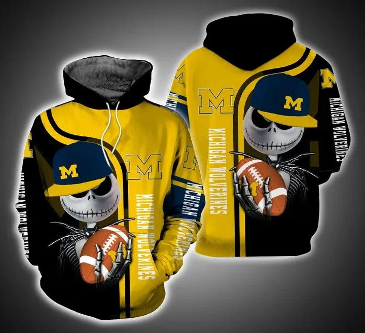 Jack Skellington Hold Ball Michigan Wolverines Mens 3D All Over Print Zip Up Hoodie Gifts For Ncaa Fans