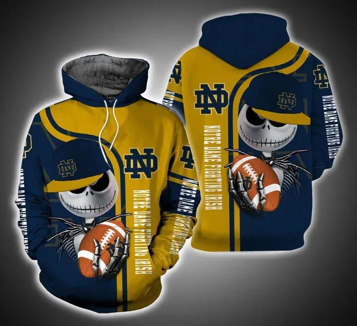Jack Skellington Hold Ball Notre Dame Fighting Irish Mens 3D All Over Print Zip Up Hoodie Gifts For Ncaa Fans