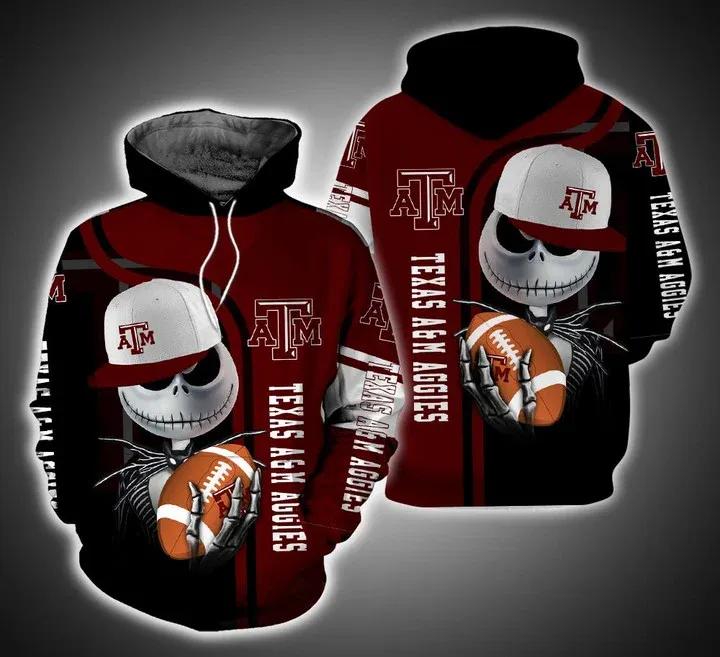 Jack Skellington Hold Ball Texas A&M Aggies Mens 3D All Over Print Zip Up Hoodie Gifts For Ncaa Fans