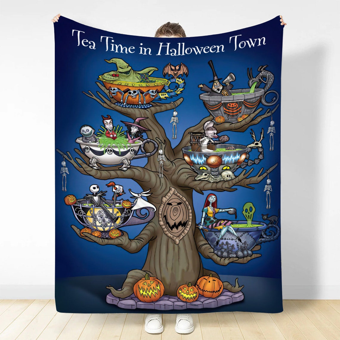 Jack Skellington Tea Time Blanket - Halloween Town Fleece Bedding Throw