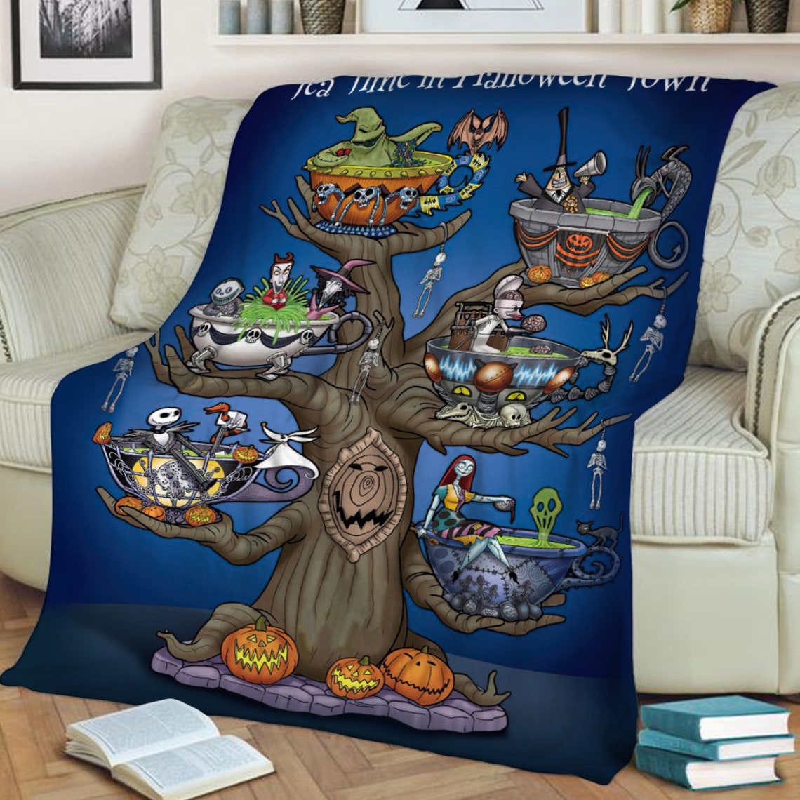 Jack Skellington Tea Time Blanket - Halloween Town Fleece Bedding Throw
