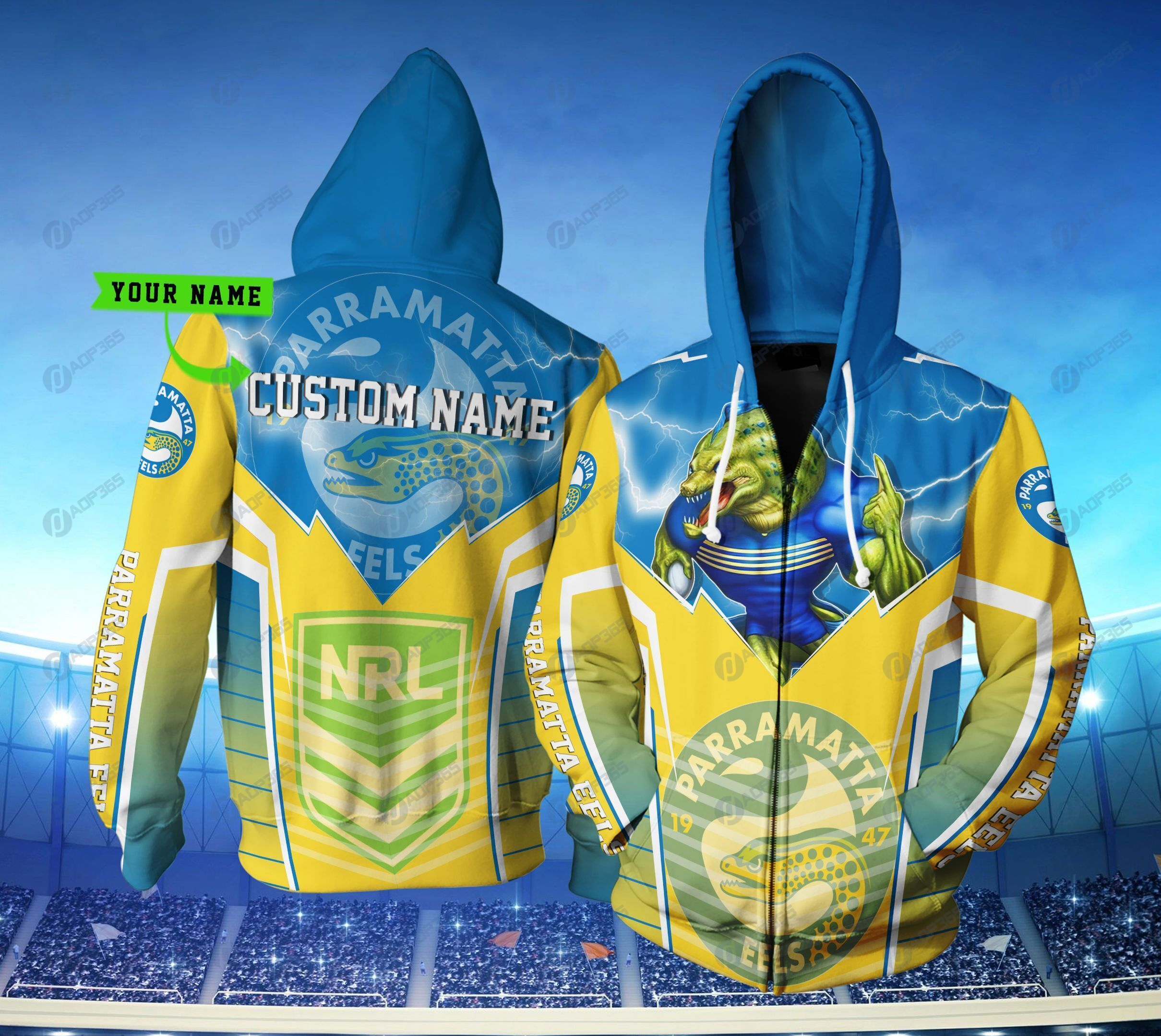 Lightning Mascot Parramatta Eels Nrl 3D Zip Up Hoodie With Personalized Name Option