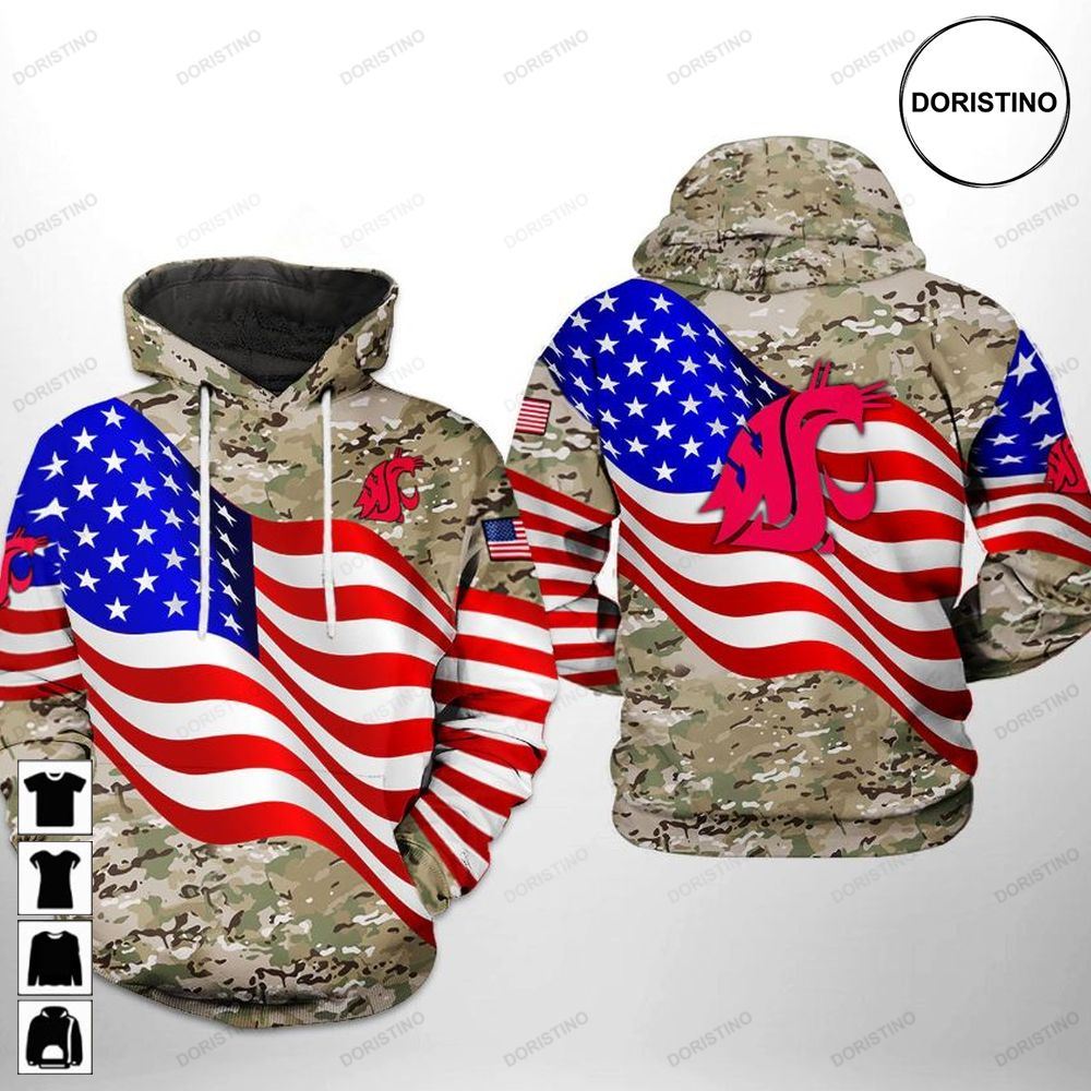 Limited Edition All Over Print Washington State Cougars Camo Veteran Flag 3D Hoodie For Men