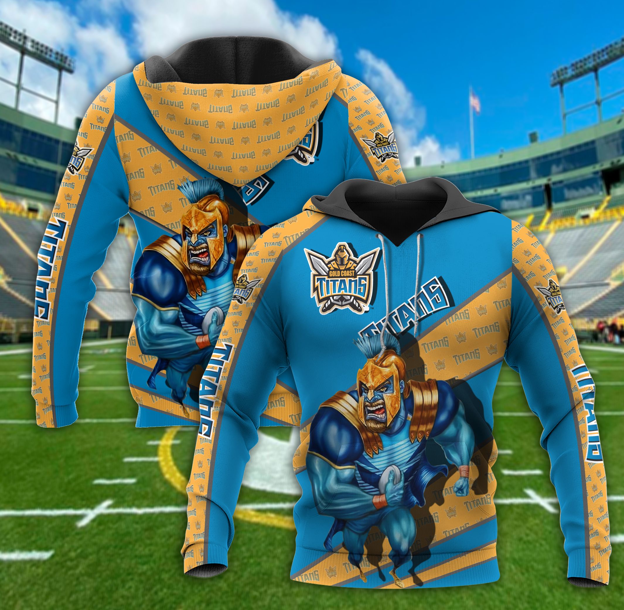 Look Bold With Customized Gold Coast Titans 3D Printed Hoodie With Mascot Kc Nrl Zip Up