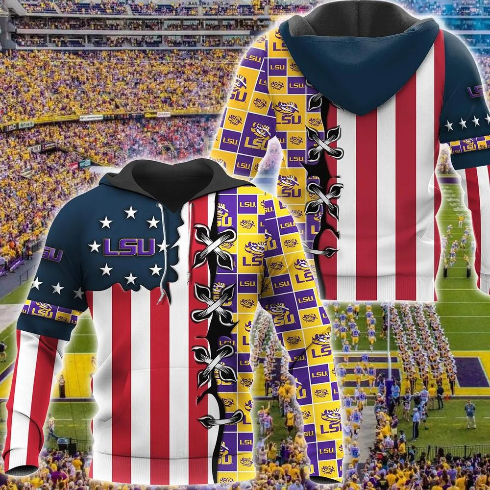Lsu Tigers And Flag American 3D All Over Print Zip Hoodie Gifts For Ncaa Fans - All Over Print Zip Up Hoodie Men