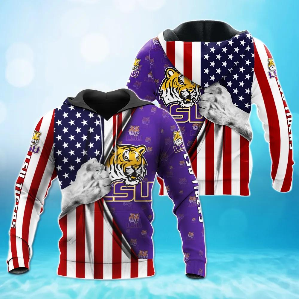 Lsu Tigers With American Flag Heart 3D Hoodie Perfect For Ncaa Cheer Gifts And Lsu Fans