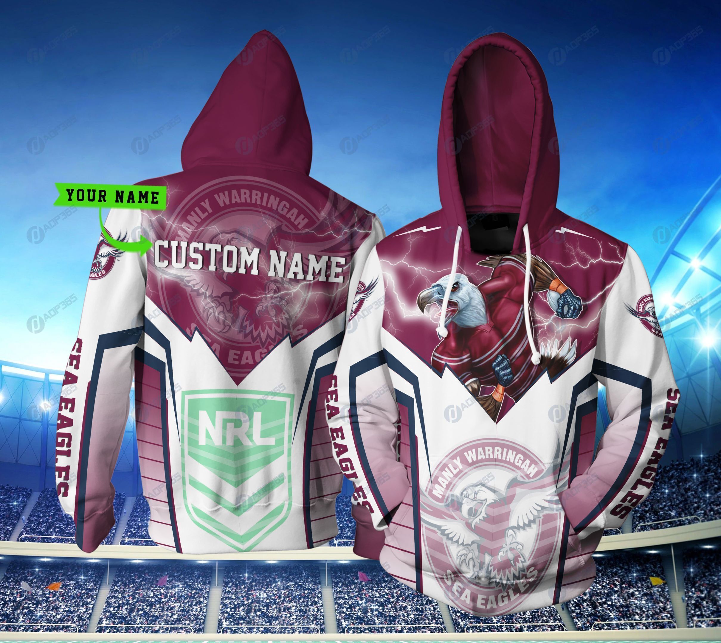 Manly Warringah Sea Eagles Nrl Lightning Mascot Custom Name 3D All Over Printed Hoodie