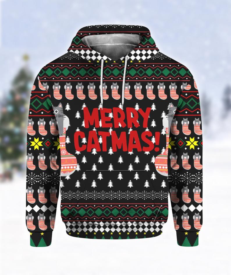 Merry Catmas Funny Mens All Over Print 3D Hoodie