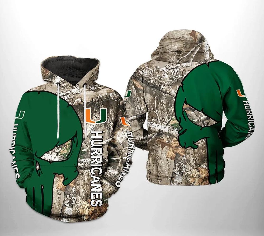 Miami Hurricanes Camo Veteran Hunting And Skull Punisher All Over Print 3D Hoodie