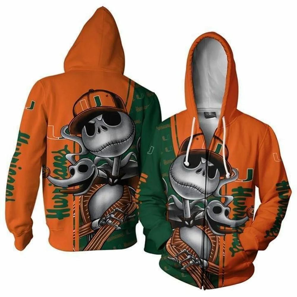 Miami Hurricanes Jack Skellington And Zero Halloween Printful 3D All Over Print Zip Up Hoodie.