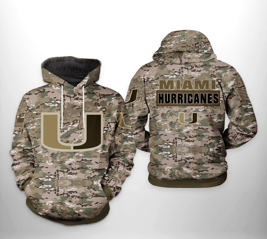 Miami Hurricanes Ncaa Camo Veteran Men'S 3D All Over Print Hoodie With Zipper And Print Design