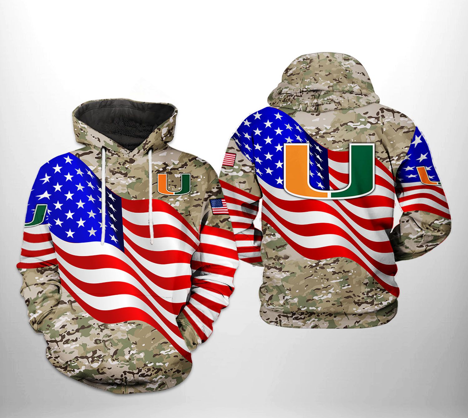 Miami Hurricanes Ncaa Us Flag Camo Veteran All Over Print 3D Hoodie