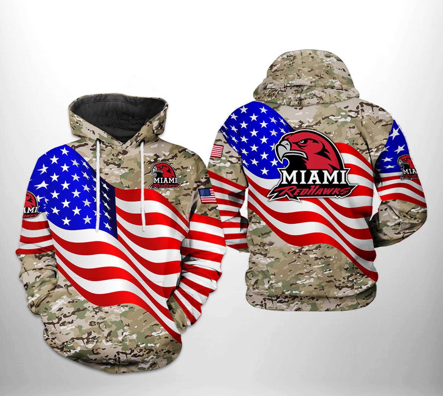 Miami Redhawks Ncaa Us Flag Camo Veteran All Over Print 3D Hoodie
