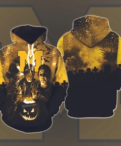 Michigan Wolverines Halloween 3D Zip Hoodie Featuring Michael Myers, Jason Voorhees, And Freddy Krueger