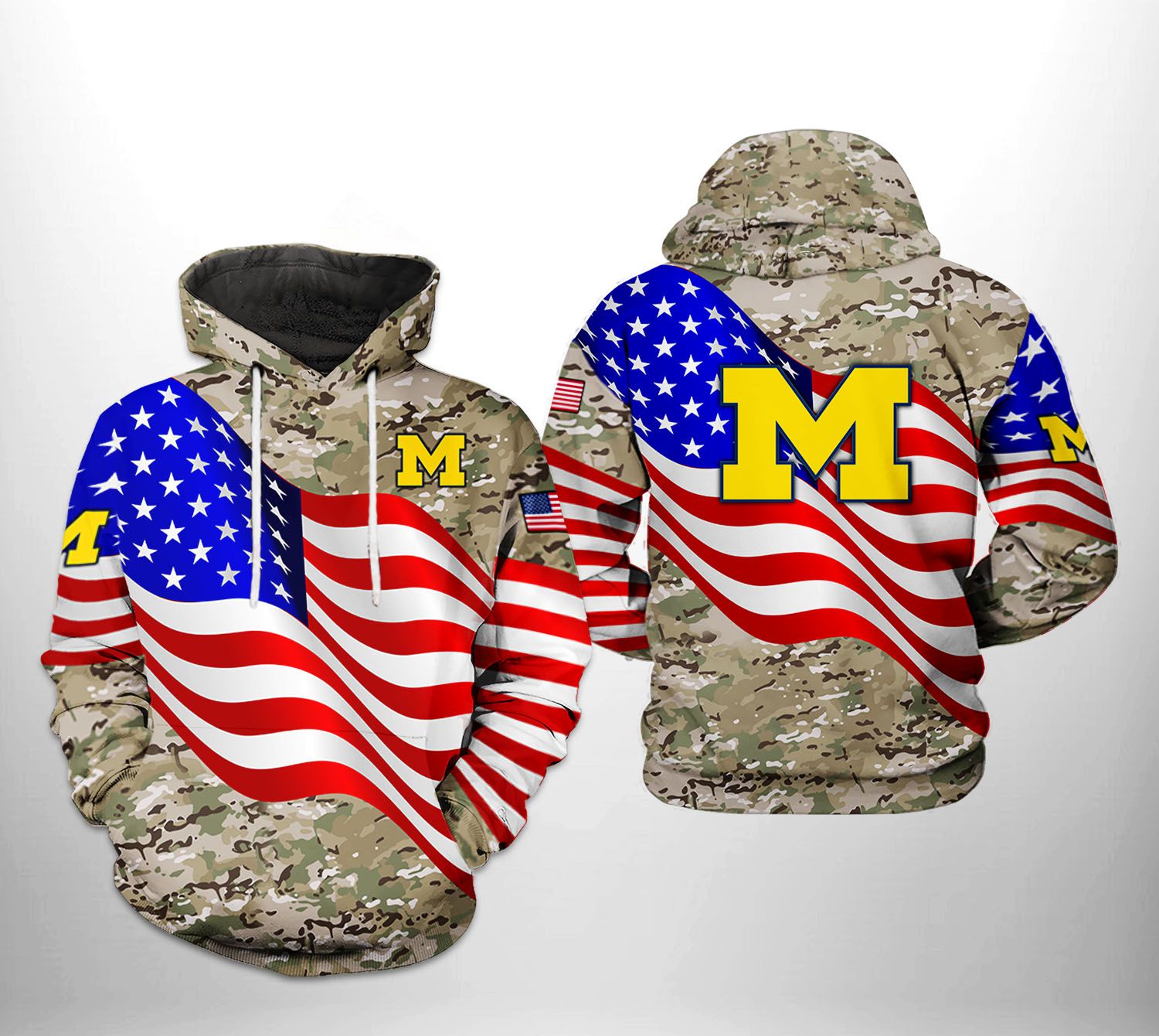 Michigan Wolverines Us Flag Camo Veteran 3D All Over Print Hoodie For Ncaa Fans