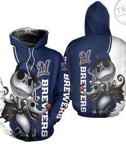Milwaukee Brewers All Over Print Hoodie With Jack Skellington And Zero 3D Design