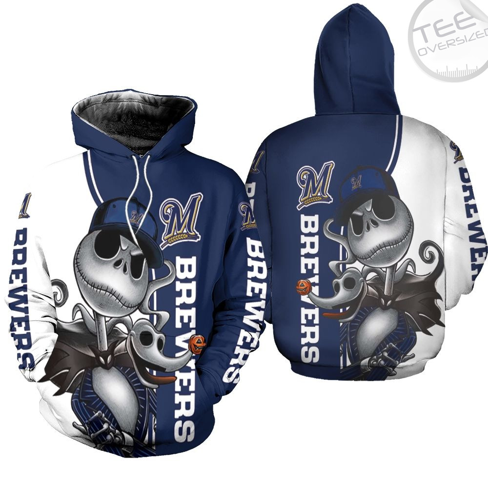 Milwaukee Brewers All Over Print Hoodie With Jack Skellington And Zero 3D Design