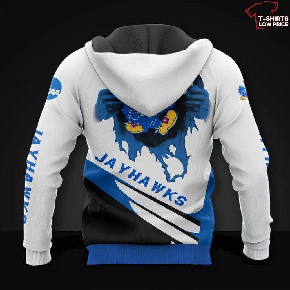 Ncaa Kansas Jayhawks White Blue 3D Hoodie - Full Size Available