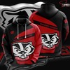 Ncaa Wisconsin Badgers 3D Hoodie In Red And White, Great For Ncaa Fans