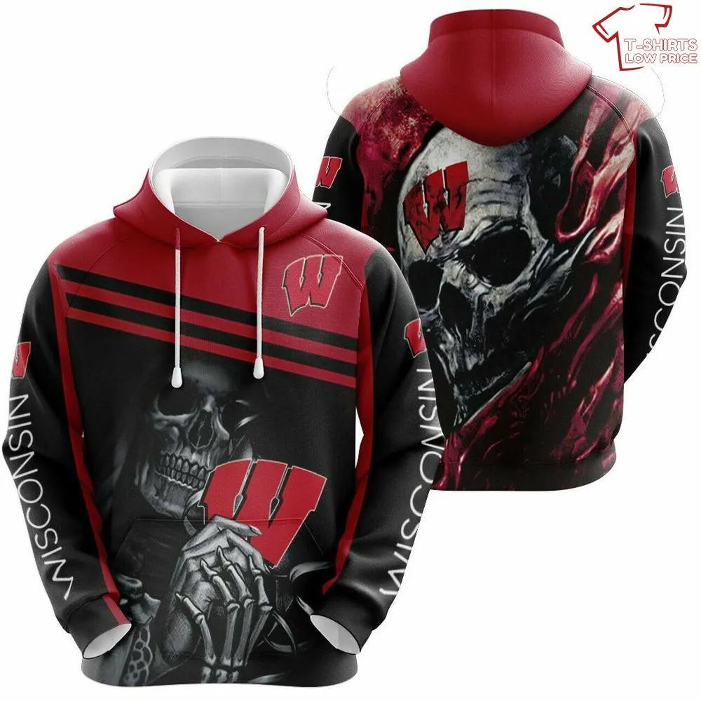 Ncaa Wisconsin Badgers Skull 3D Hoodie - Gifts For Men
