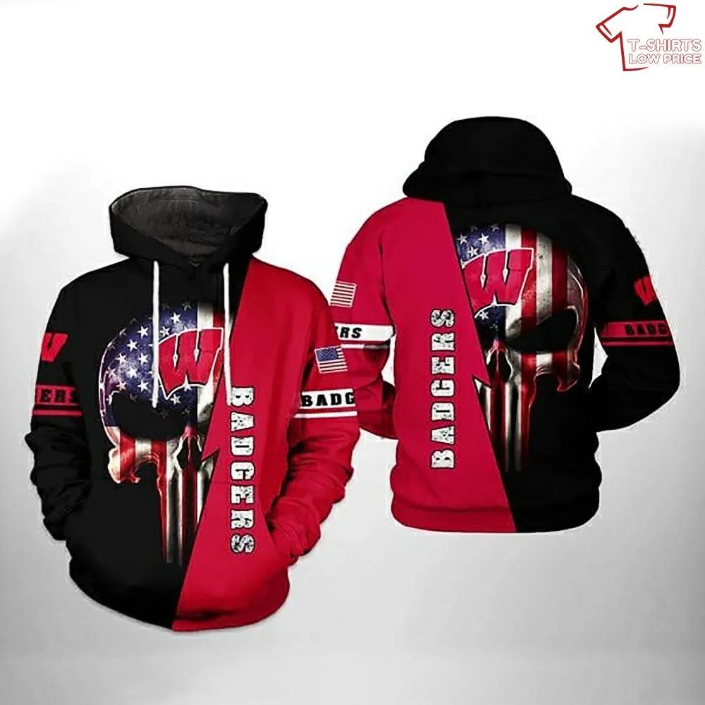 Ncaa Wisconsin Badgers Us Flag Skull 3D Hoodie - All Over Print