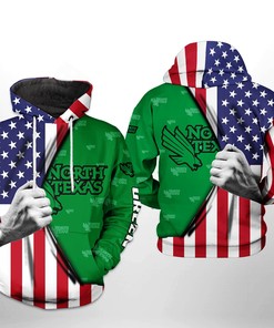 North Texas Mean Green Usa Flag 3D Print Hoodie - Patriotic Sports Fan Apparel