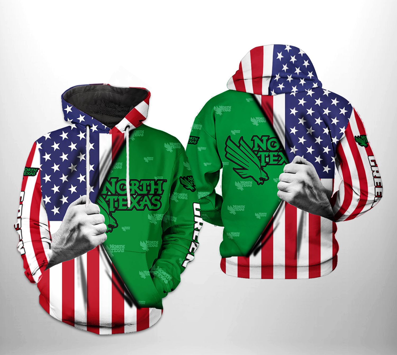 North Texas Mean Green Usa Flag 3D Print Hoodie - Patriotic Sports Fan Apparel
