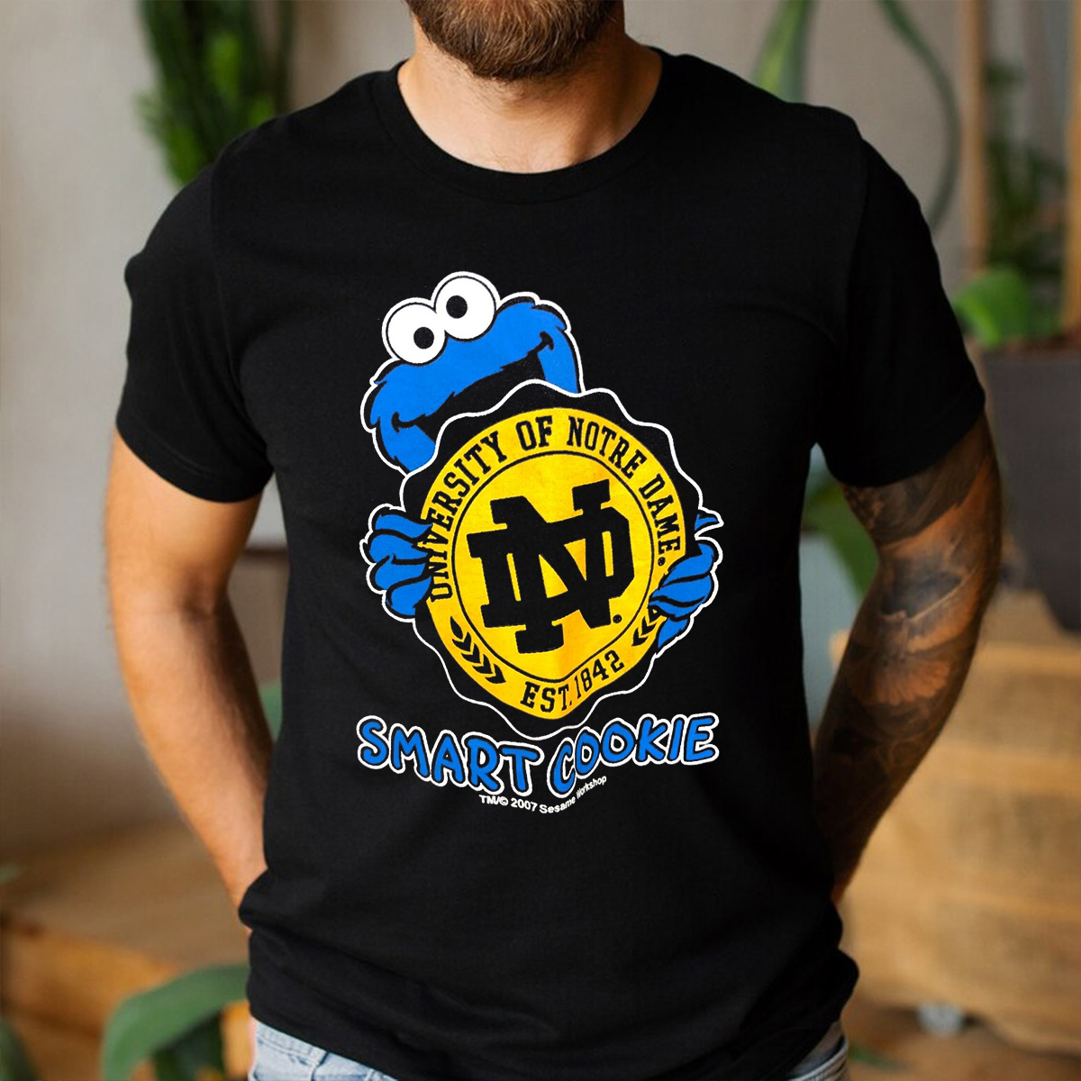 Notre Dame Smart Cookie Monster Sesame Street Blue T-Shirt - Playful Sesame Street Blue Tee with Notre Dame Twist