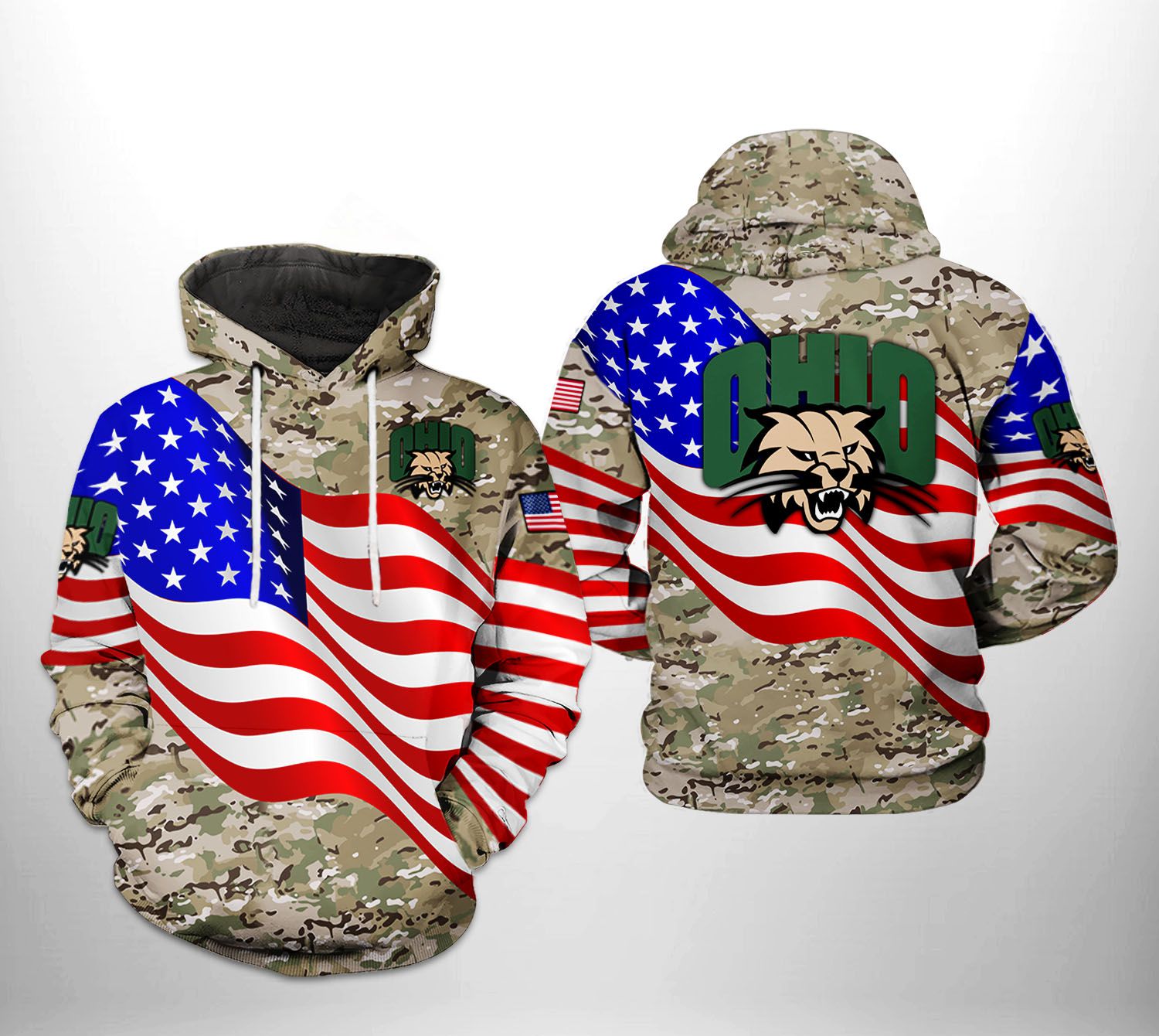 Ohio Bobcats Usa Flag Camo Veteran 3D Zip Hoodie - Patriotic Sports Fan Apparel