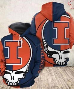 Orange Blue Skull 3D Hoodie For Illinois Fighting Illini Fans