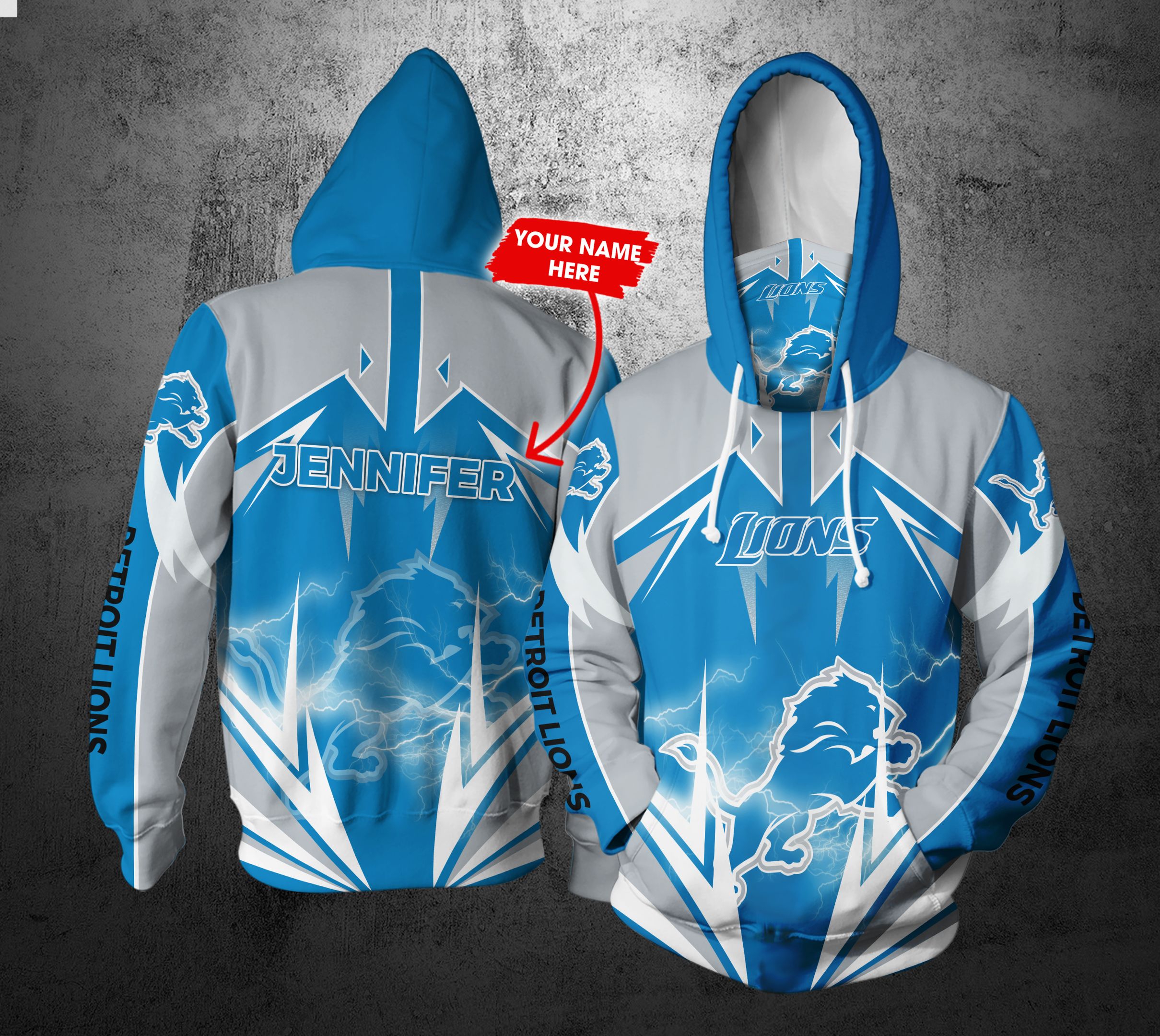 Personalized Detroit Lions Lightning Hoodie - Custom 3D All Over Print Design