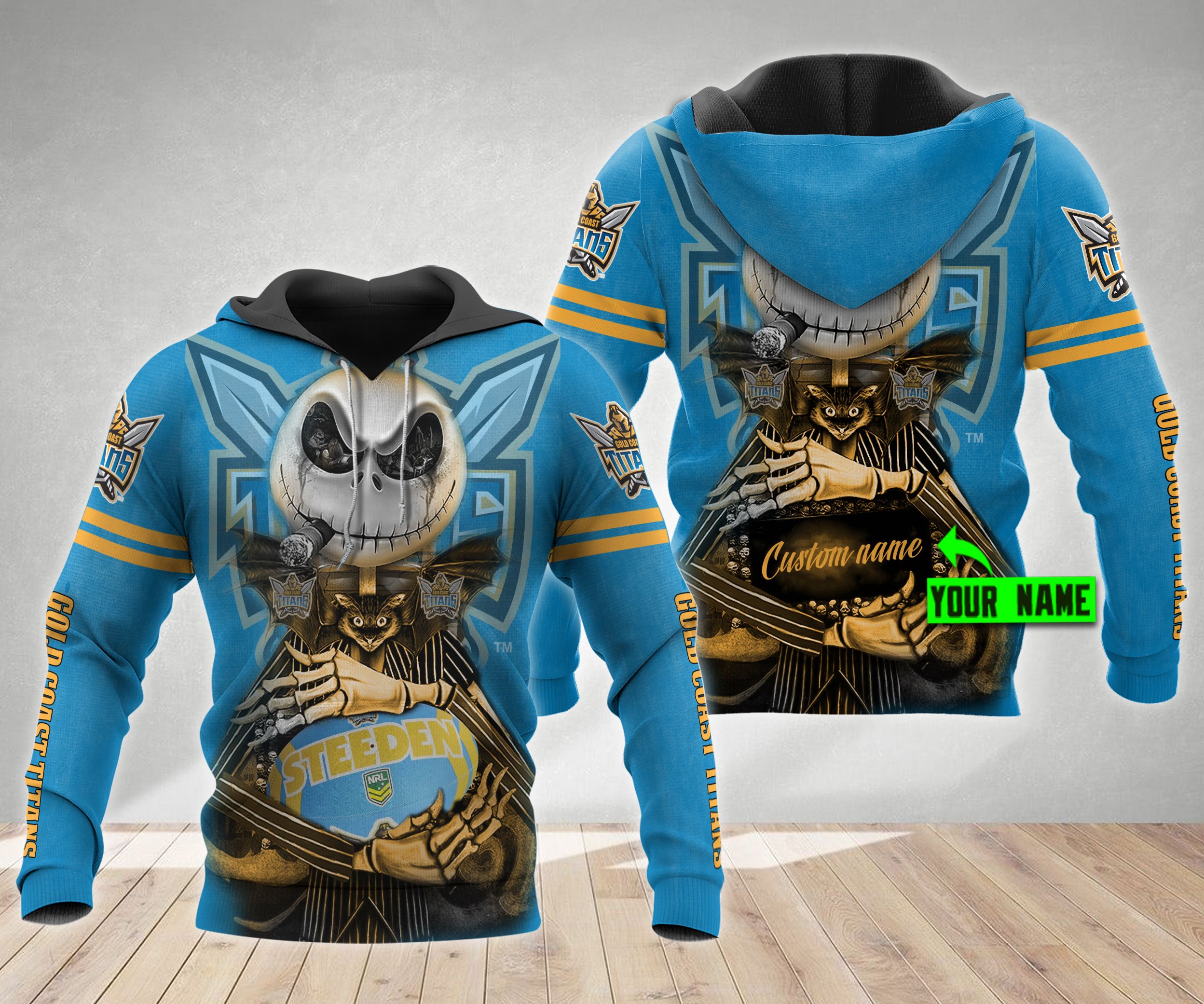 Personalized Gold Coast Titans Jack Skellington 3D Hoodie Nrl Custom Name All Over Printed Hoodie