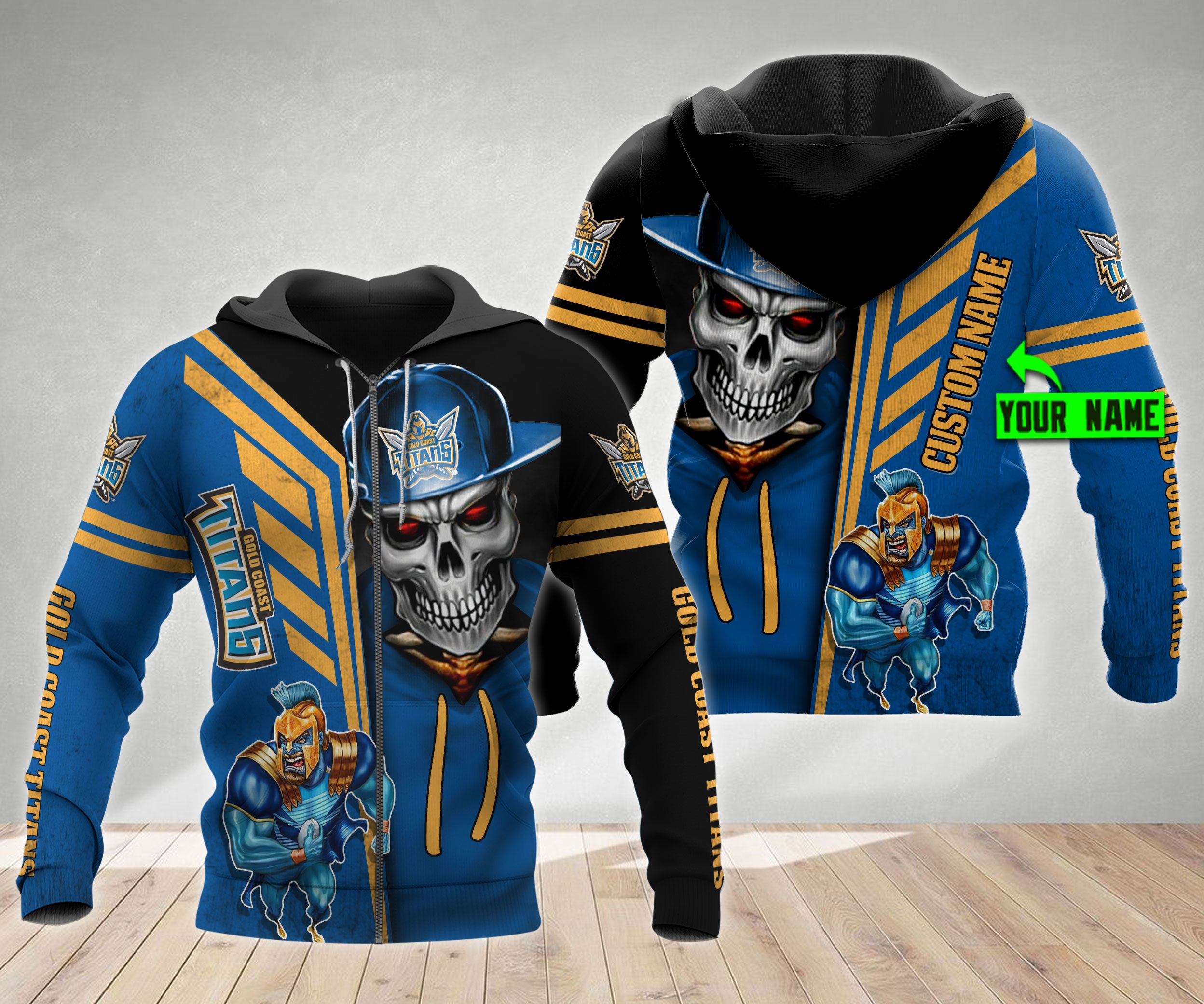 Personalized Gold Coast Titans Nrl Custom All Over Print 3D Hoodie With Nrl Skull Cap And Custom Name