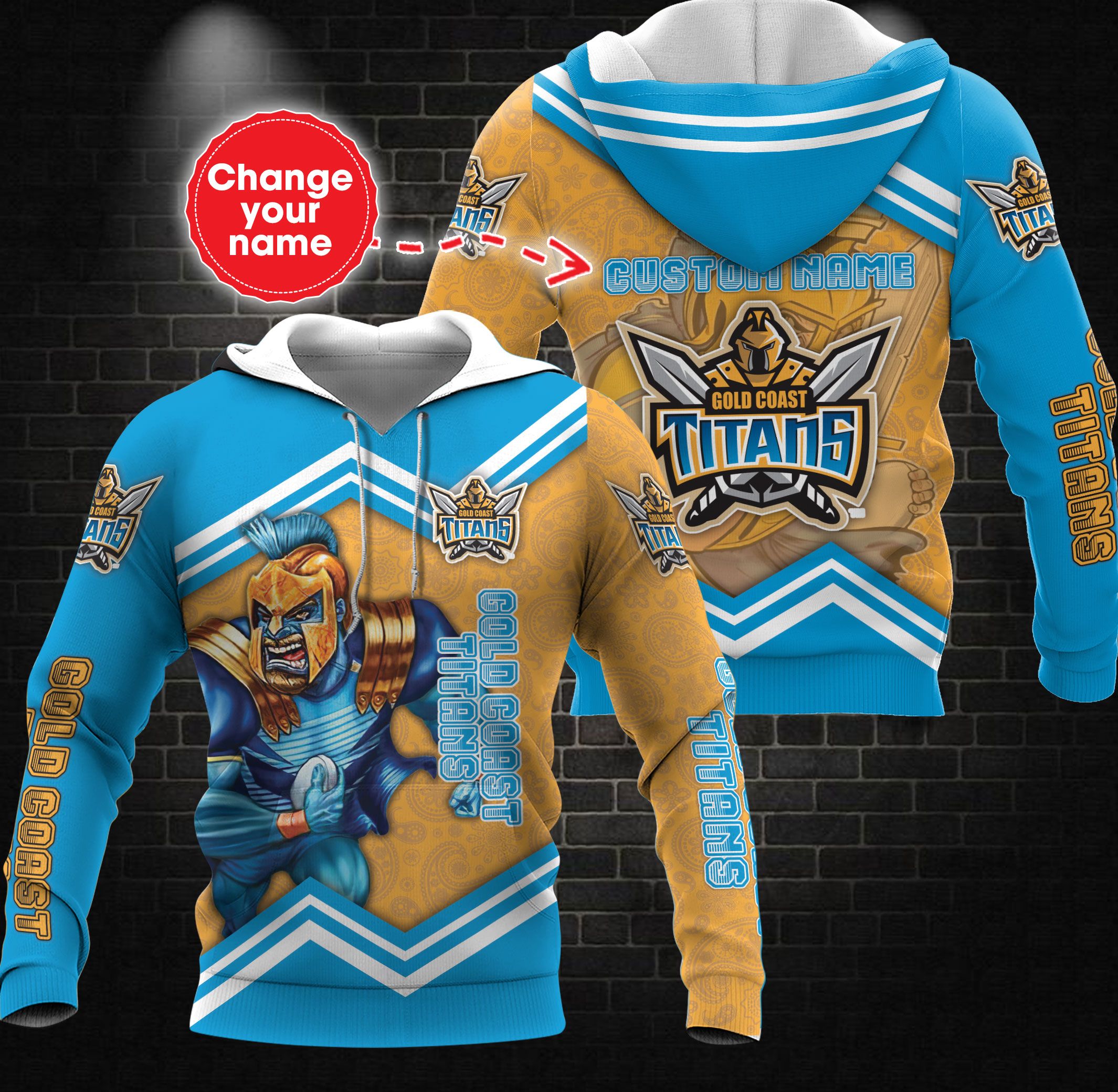 Personalized Gold Coast Titans Nrl Custom Name All Over Print Zip Up Hoodie Option