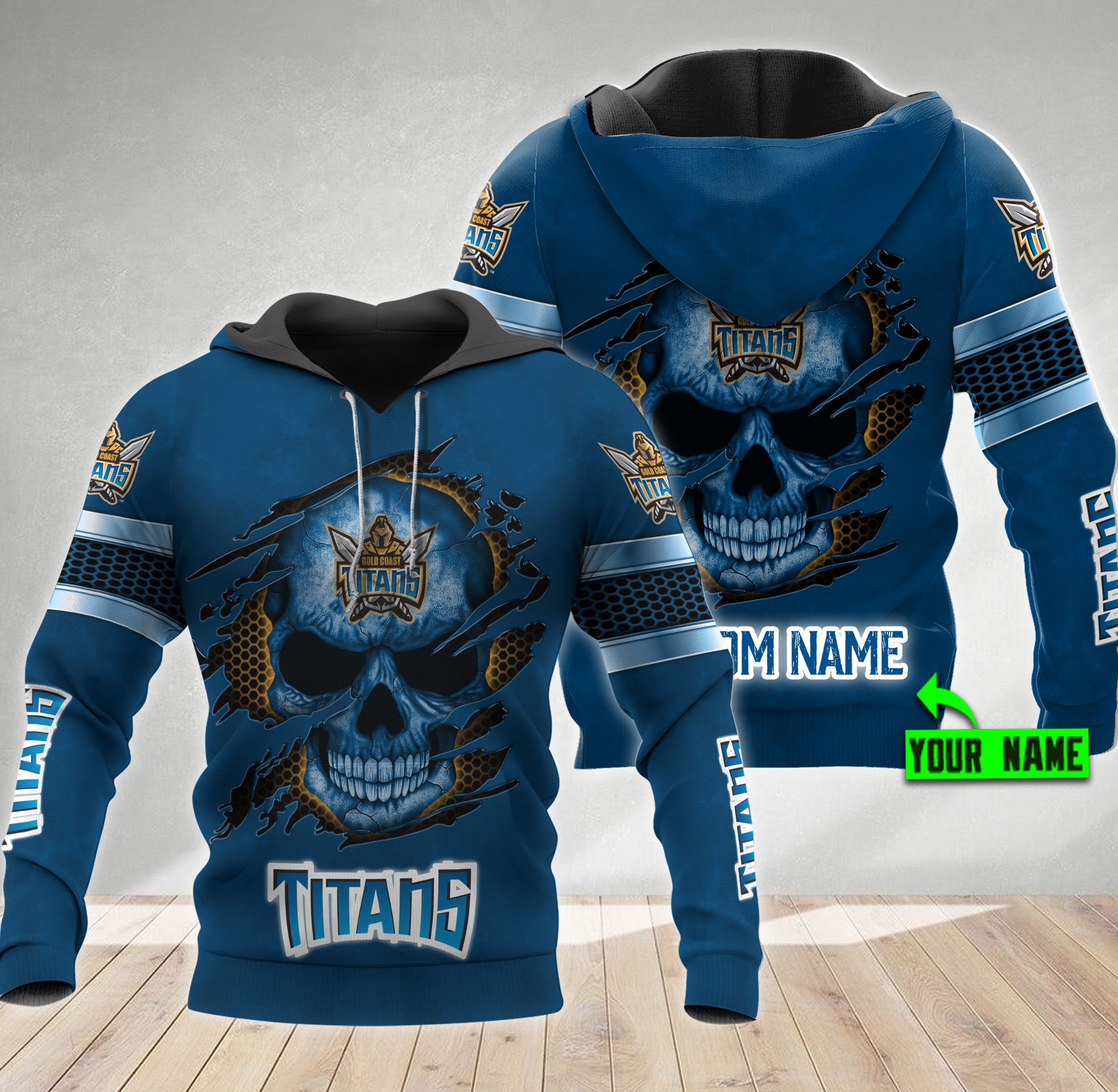 Personalized Gold Coast Titans Nrl Skull Custom Name All Over Print Zip Up Hoodie Option