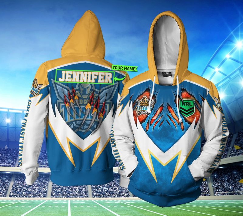 Personalized Gold Coast Titans Nrl Tshirt Sweater Custom Name All Over Print Zip Up Hoodie Option